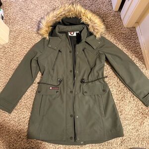 Women's Green Parka with Faux Fur Trim